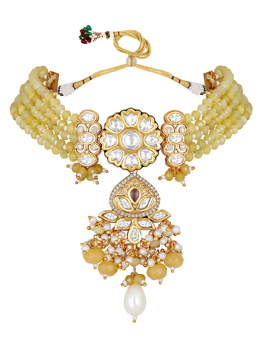 Necklace with gold polished brass, Agates, Onyx Shell Pearl, Kundan Polki