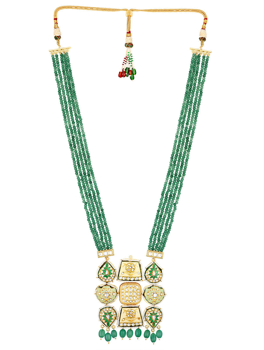 Gold polished Necklace with Kundan Polki, Hand Painted Meena, Agate Tumbles, Agate, Pearls