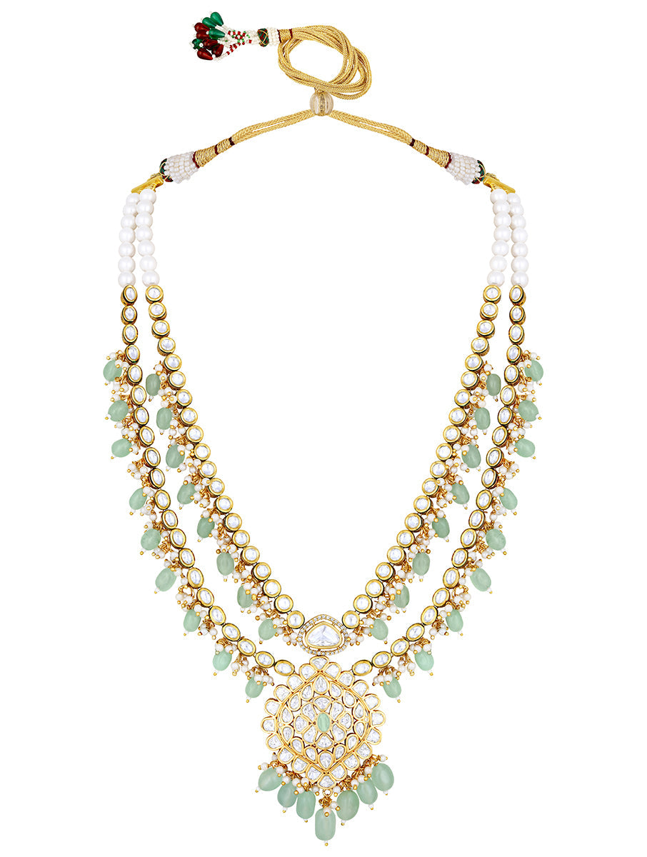 Necklace set with gold polished brass, Kundan polki, Agate Tumbles, Shell Pearls