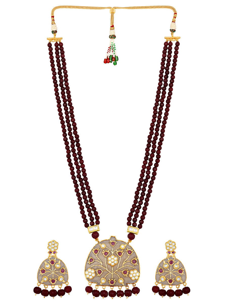 Necklace set with Gold polished brass, Kundan Polki, Agate, Watermelon tumbles, Etched onyx stone