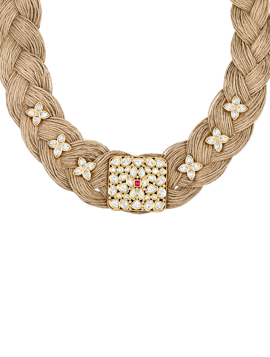 Designer Jewellery with Gold polished brass, Jute necklace & kundan polki