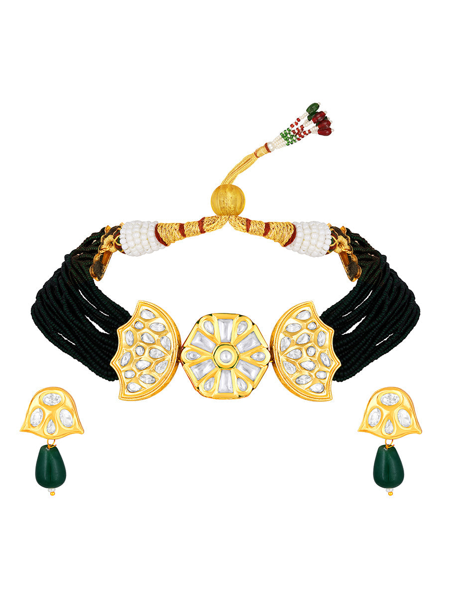 Necklace set with gold polished brass, , Kundan Polki, Mini Green Beads & Agate Tumbles.
