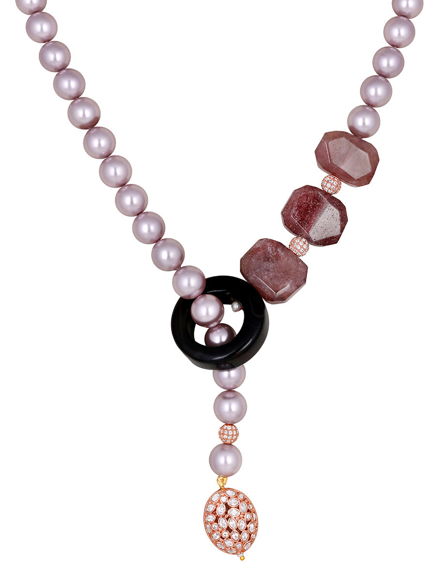 Designer Gold finished brass chain with Kundan Polki, Cz ball, Natural onyx Stones & Shell Pearls