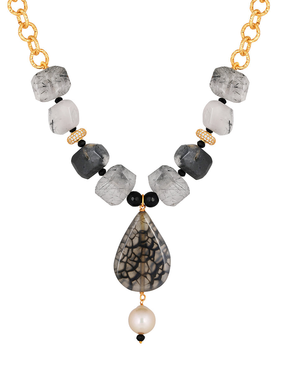 Golden polished brass Necklace with Natural onyx stones, Fresh water pearl & Cz diamond ring.