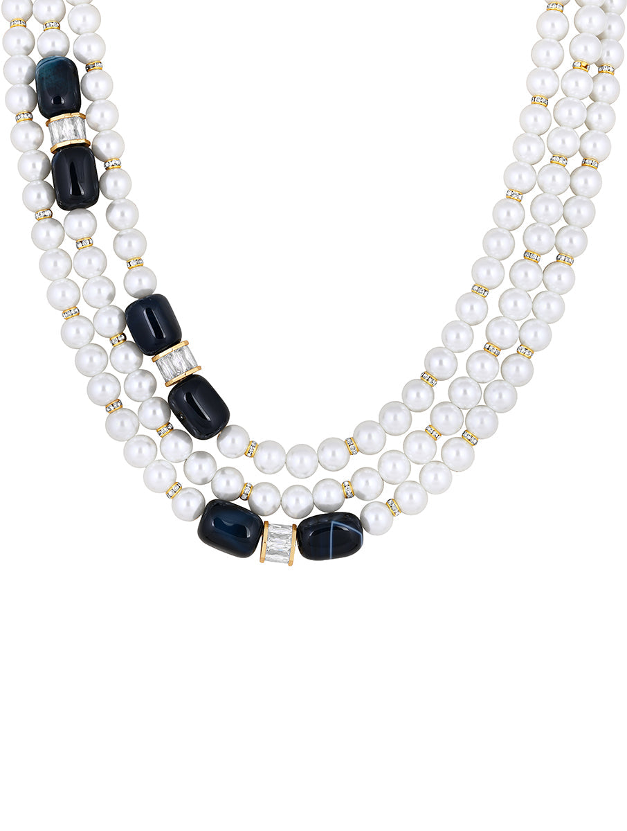 Necklace with gold Finished brass, Shell Pearls, Natural Agate tumbles,Cz diamond drums & Gold micron balls.