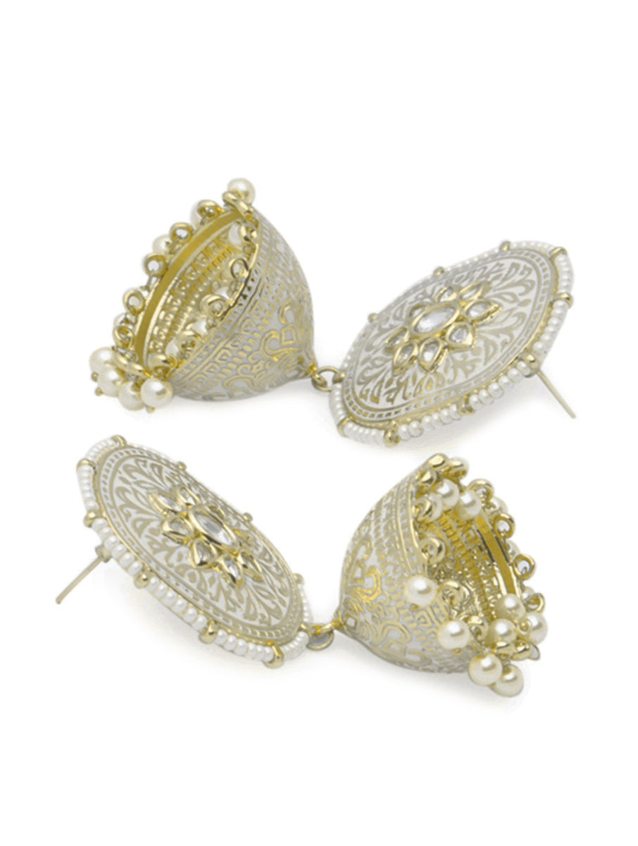 Earring with Gold polished Brass, Shell Pearls, & Kundan Polki