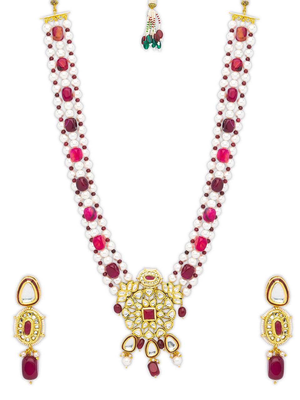 Necklace with Gold Polish Brass, Kundan Polki, Onyx Tumbles, & Shell Pearls