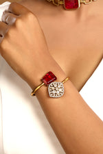 Bracelet in gold tone brass with Synthetic Tourmaline, Kundan Polki, Zircon Diamond, Have Been Used