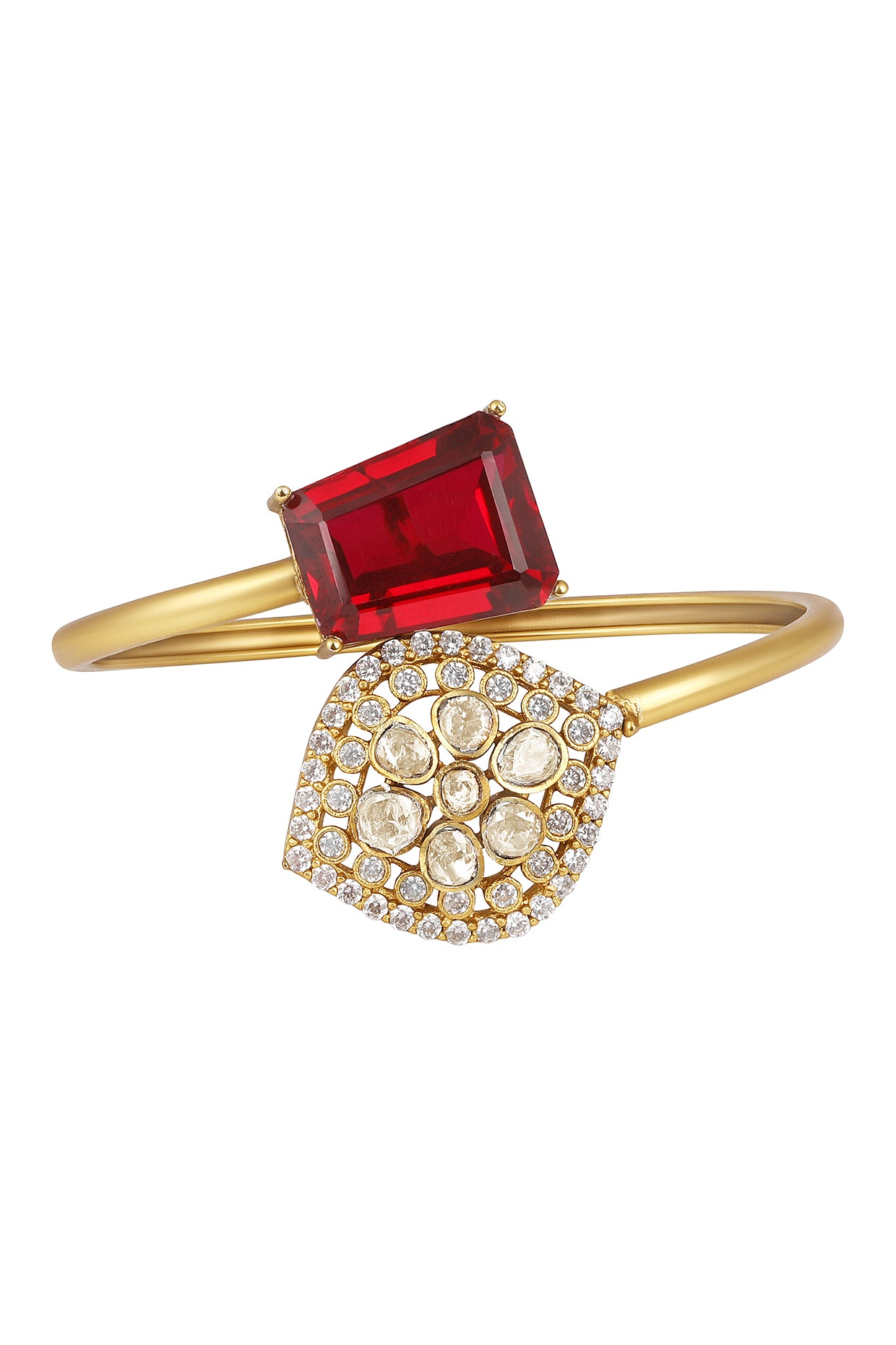 Bracelet in gold tone brass with Synthetic Tourmaline, Kundan Polki, Zircon Diamond, Have Been Used