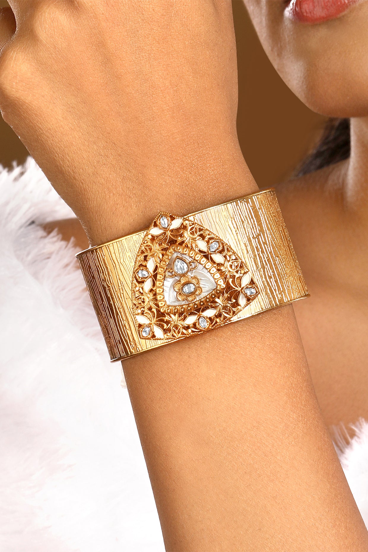 Hand Cuff in gold tone brass with Kundan Polki, Mother Of Pearl, Have Been Used