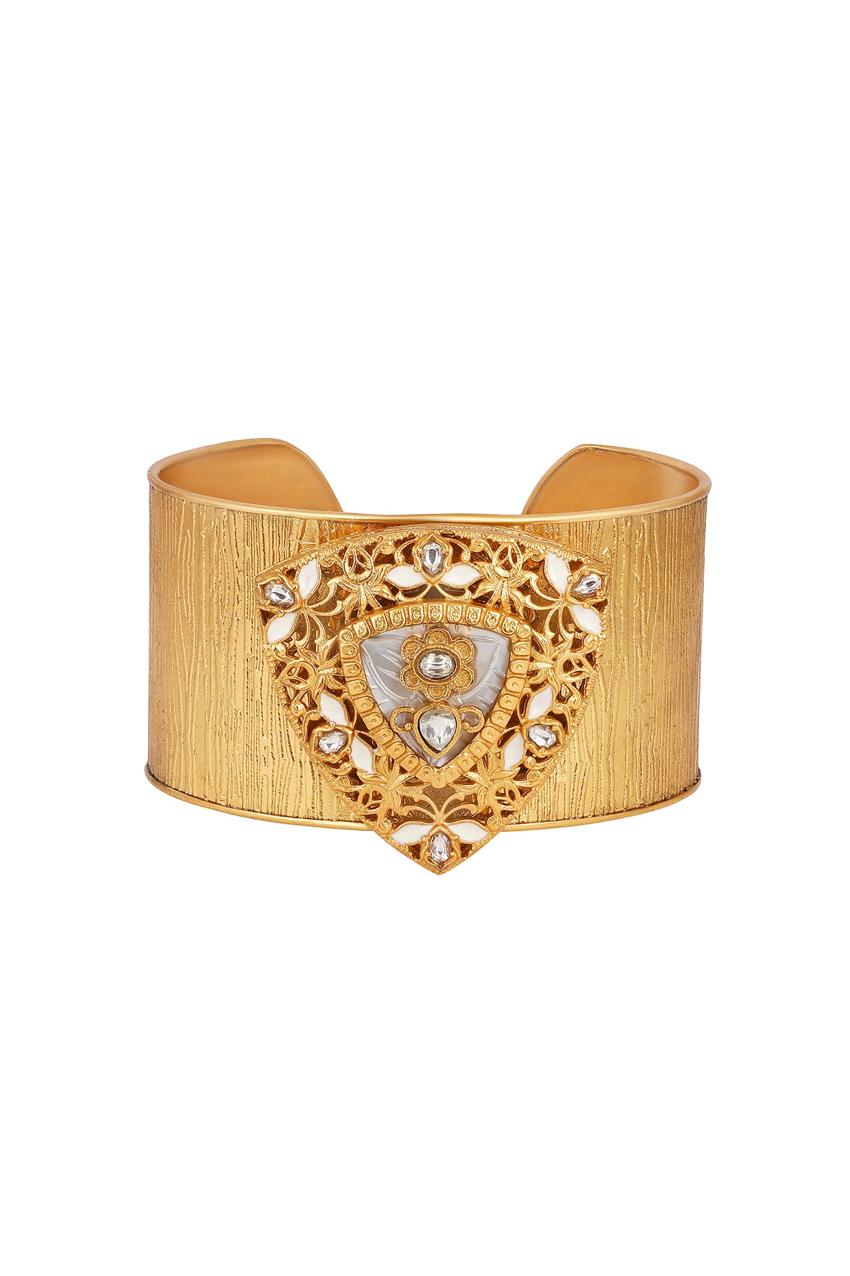 Hand Cuff in gold tone brass with Kundan Polki, Mother Of Pearl, Have Been Used