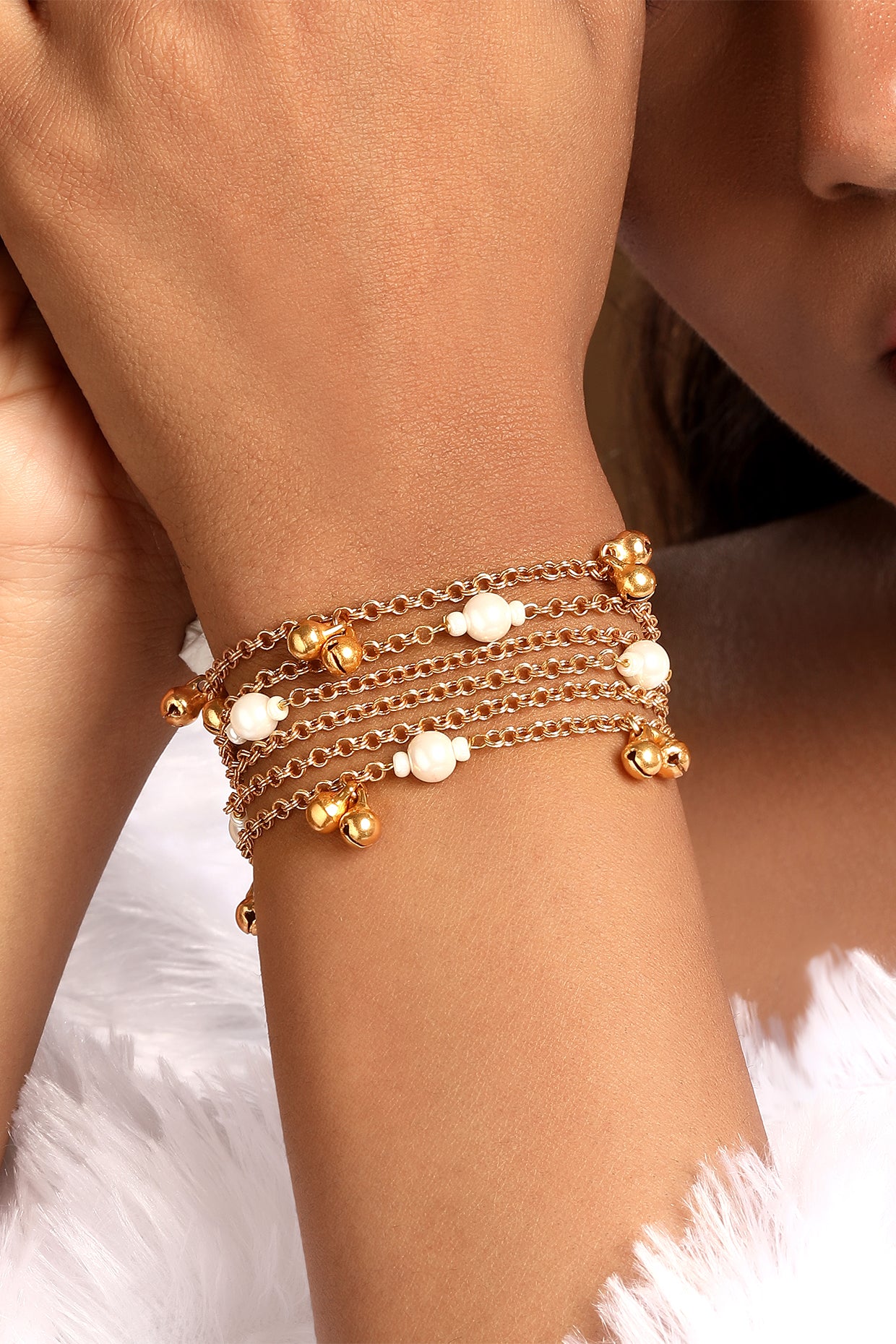Bracelet in gold tone brass with Pearls, Gold Ghungroo, Have Been Used