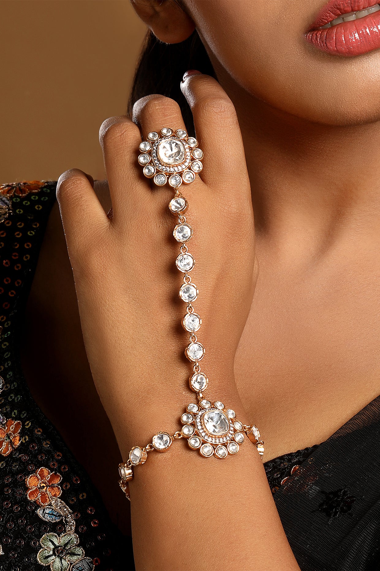 Hath Phool in gold tone brass with Kundan Polki, Zircon Diamond, Have Been Used