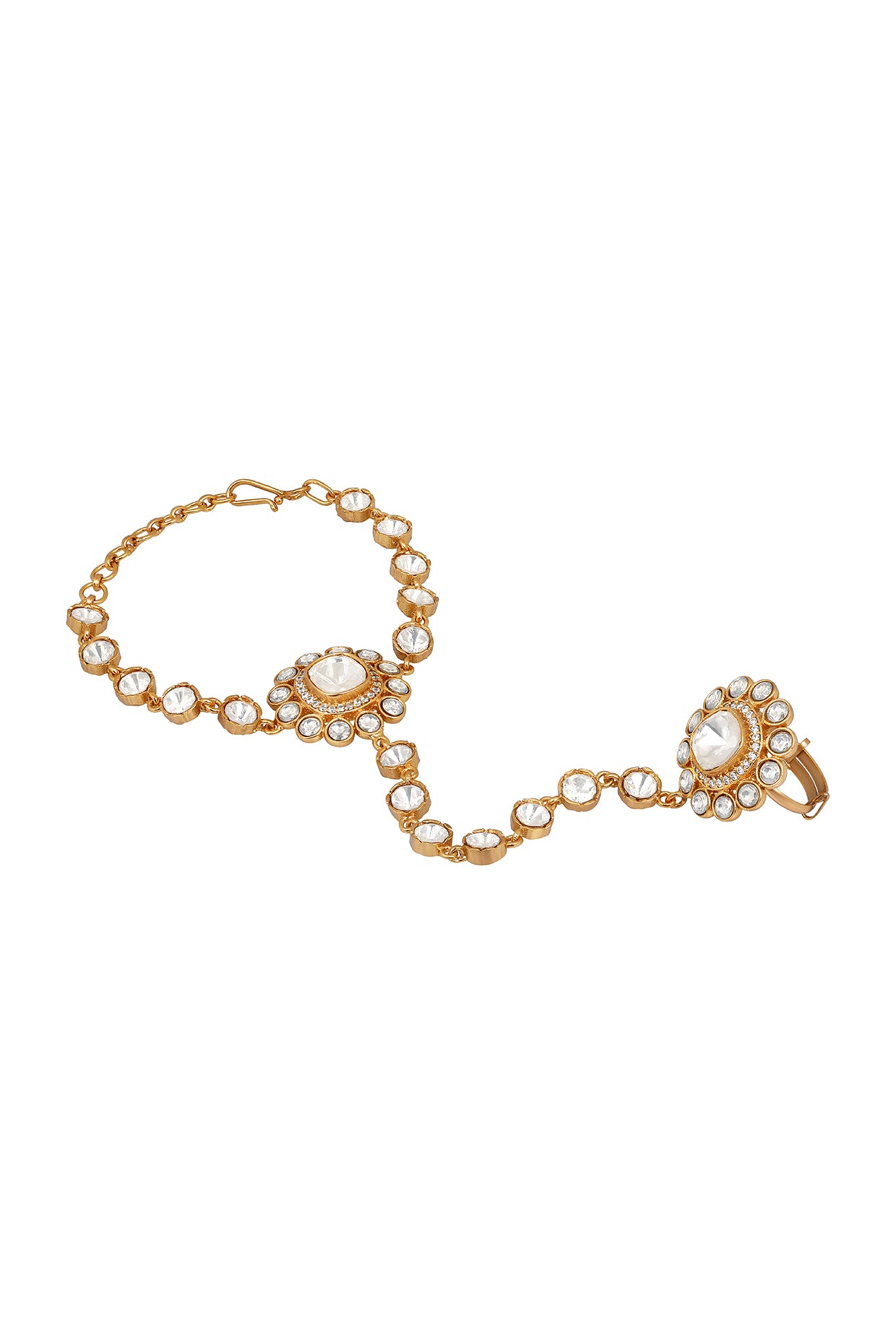 Hath Phool in gold tone brass with Kundan Polki, Zircon Diamond, Have Been Used