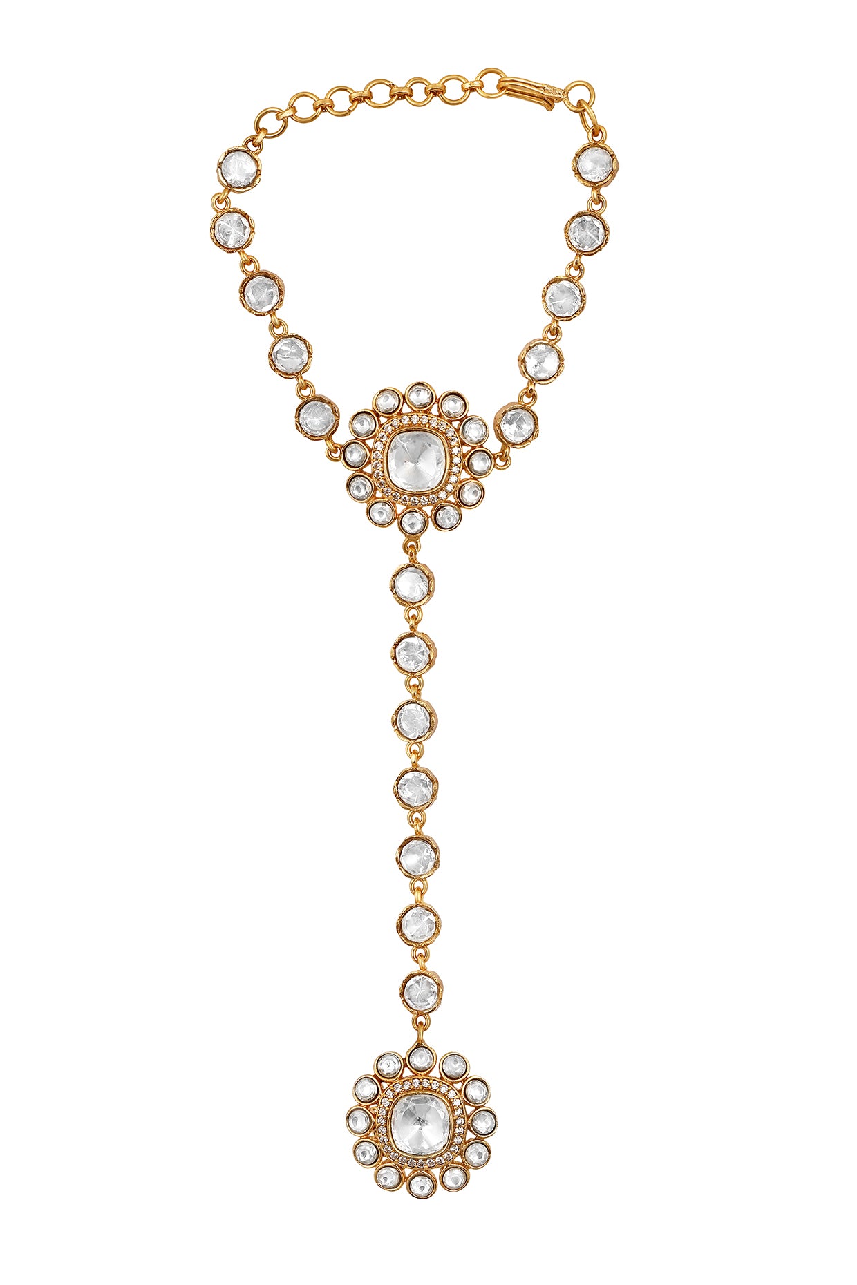 Hath Phool in gold tone brass with Kundan Polki, Zircon Diamond, Have Been Used