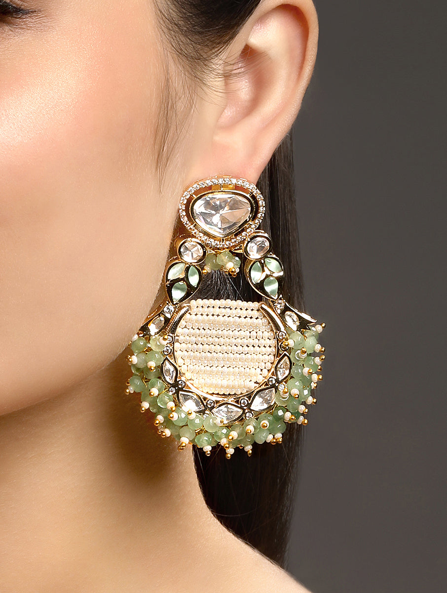 Chand Bali Earrings in gold tone with Alloy , Polki Kundan ,Semi Precious Beads