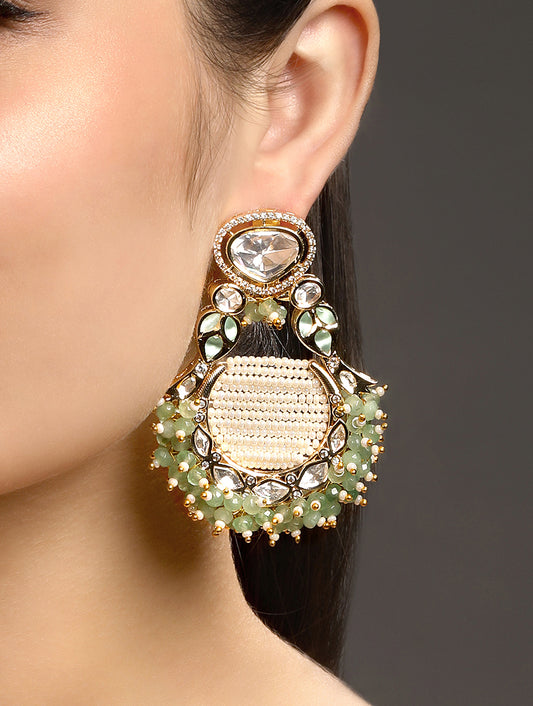 Chand Bali Earrings in gold tone with Alloy , Polki Kundan ,Semi Precious Beads