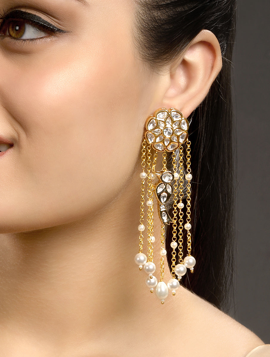 Dangler Earrings in gold tone with Alloy, Mosanite Polki Kundan. Shell Pearls