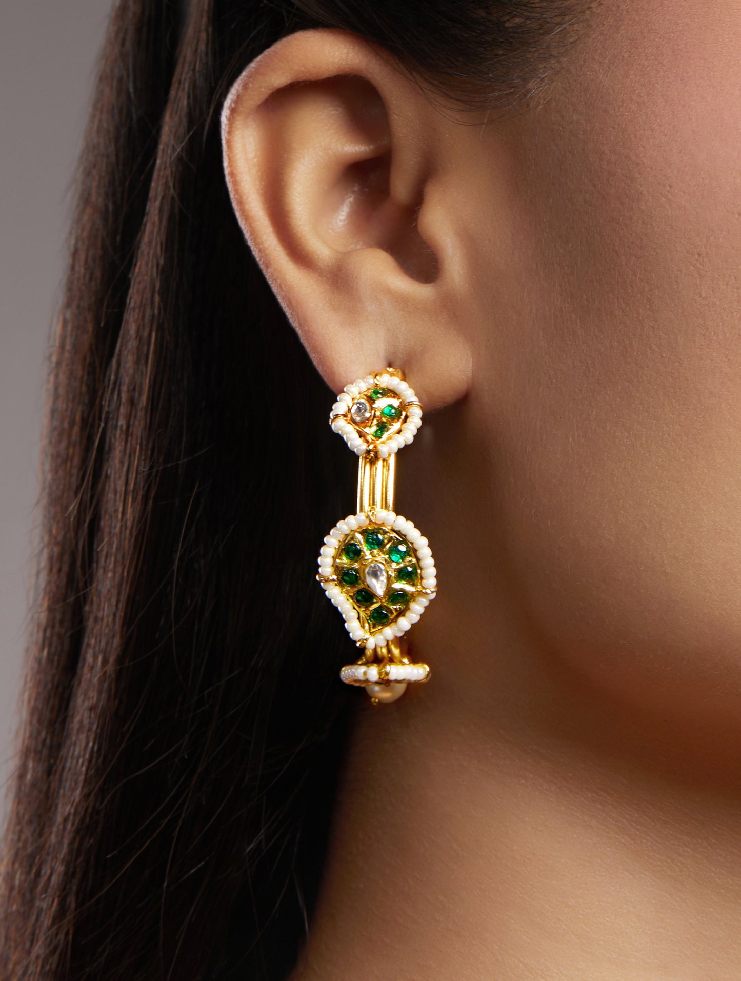 Hoops in gold tone with Alloy, Micron Gold Polished Brass with mosanite kundan polki, Synthetic emerald and pearls