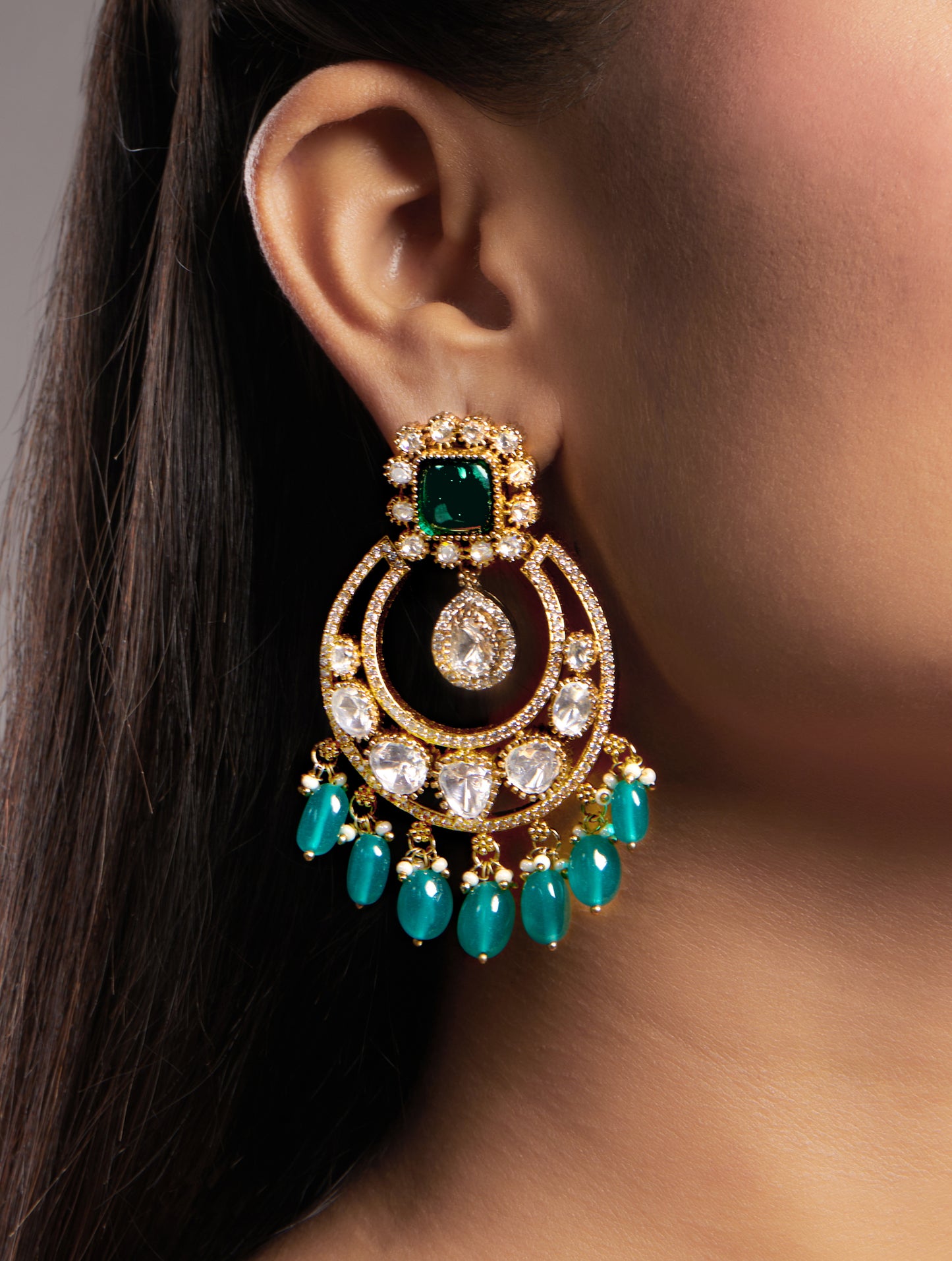 Chaandbali Earrings in gold with Micron Gold Polished Brass with mosanite kundan polki, Synthetic emerald doublet, Zirconia, onyx tumbles