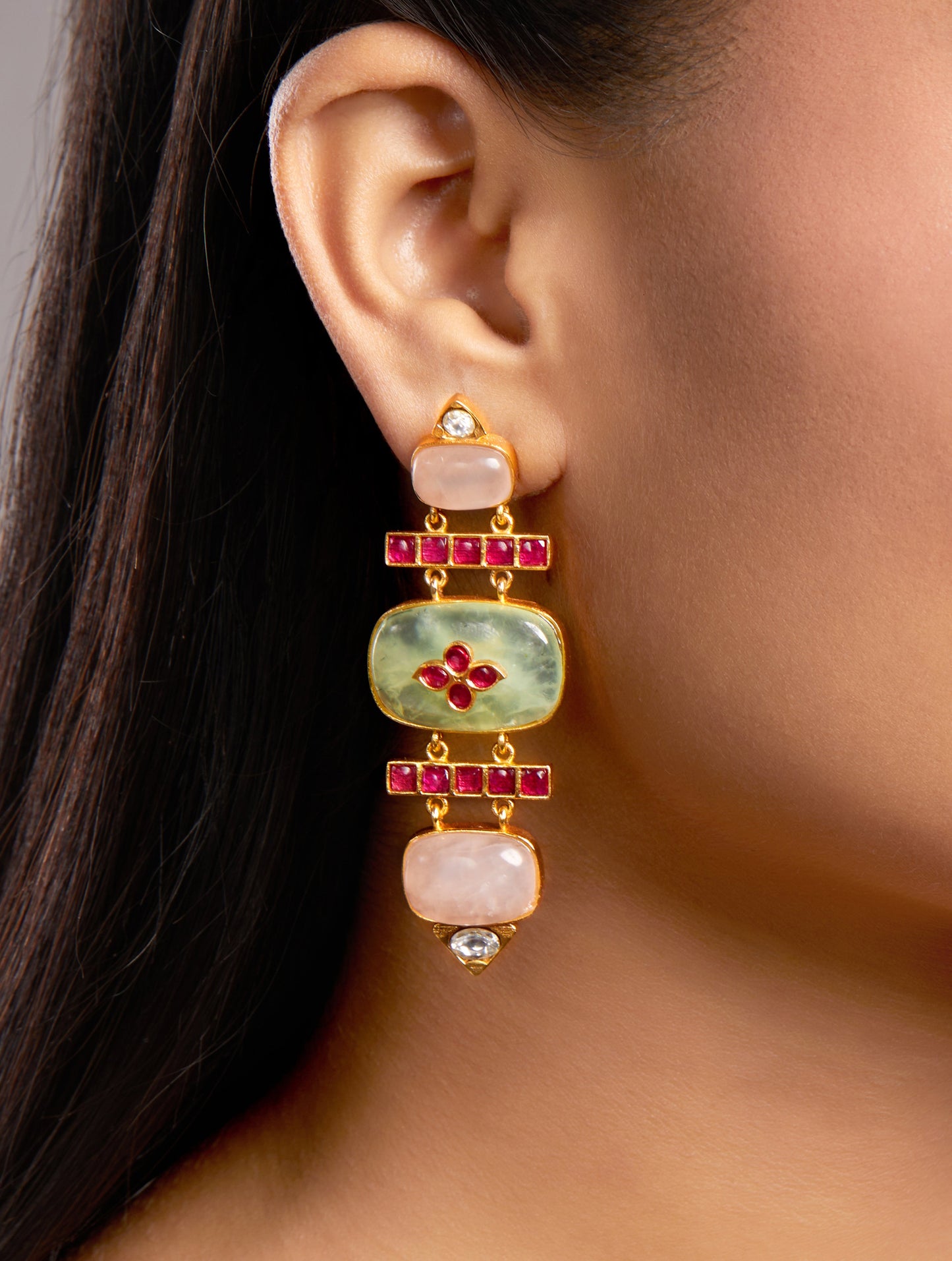 Dangler Earrings in gold with Mosanite kundan polki, Synthetic Ruby, Natural Rose quartz and jade