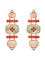 Dangler Earrings in gold with Mosanite kundan polki, Synthetic Ruby, Natural Rose quartz and jade