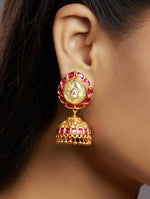 Jhumki Earrings in gold with Mosanite kundan polki, Synthetic Ruby stone, Natural Jade stone