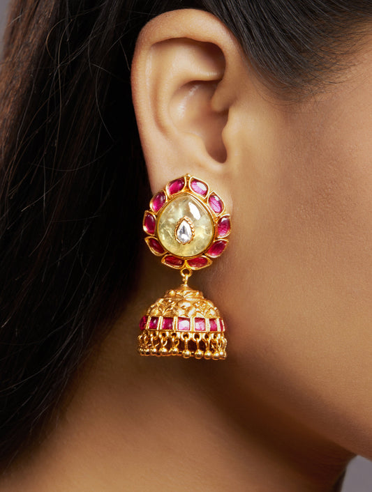 Jhumki Earrings in gold with Mosanite kundan polki, Synthetic Ruby stone, Natural Jade stone