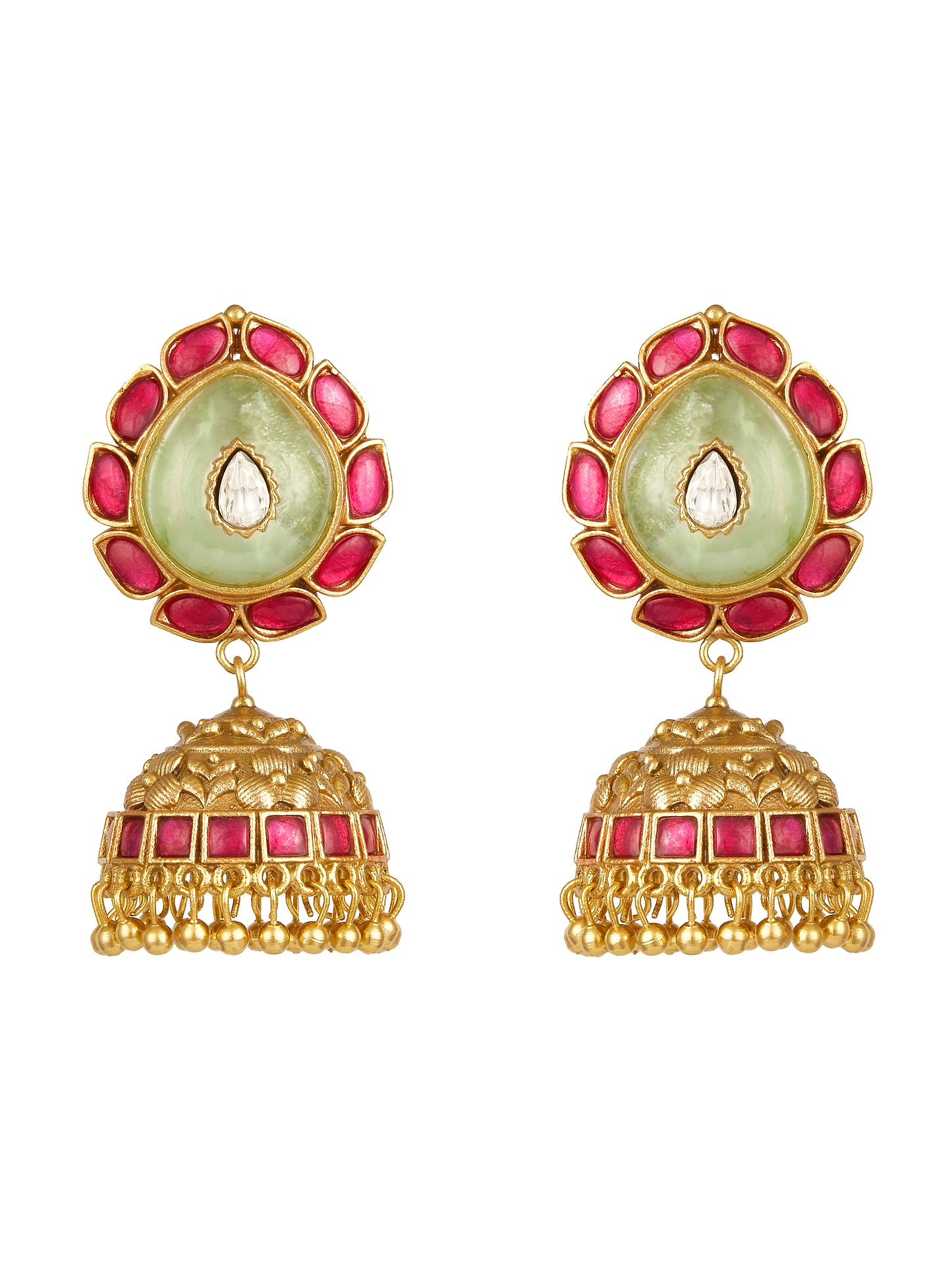 Jhumki Earrings in gold with Mosanite kundan polki, Synthetic Ruby stone, Natural Jade stone