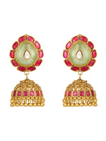 Jhumki Earrings in gold with Mosanite kundan polki, Synthetic Ruby stone, Natural Jade stone