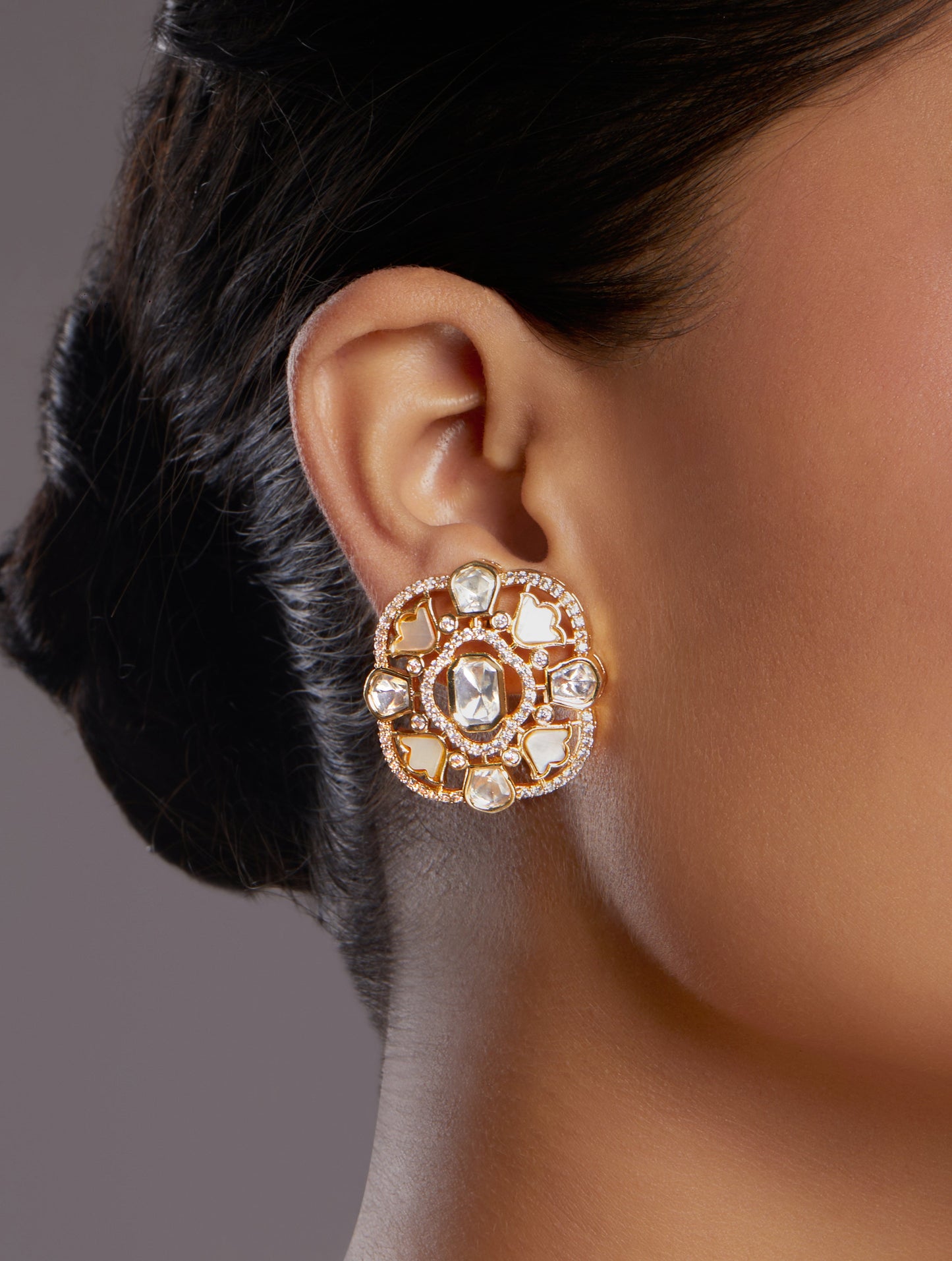 Studs in gold with Micron Gold Polished Brass with mosanite kundan polki, mother of pearl, Zirconia