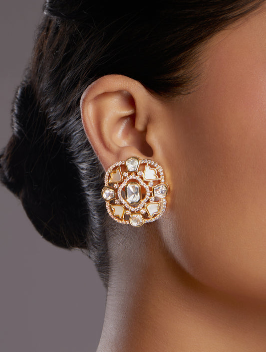 Studs in gold with Micron Gold Polished Brass with mosanite kundan polki, mother of pearl, Zirconia