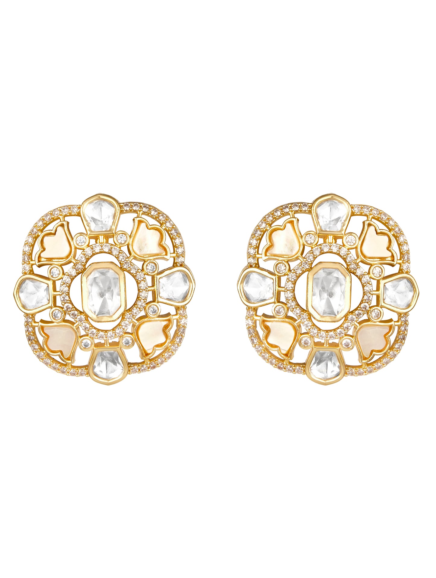 Studs in gold with Micron Gold Polished Brass with mosanite kundan polki, mother of pearl, Zirconia