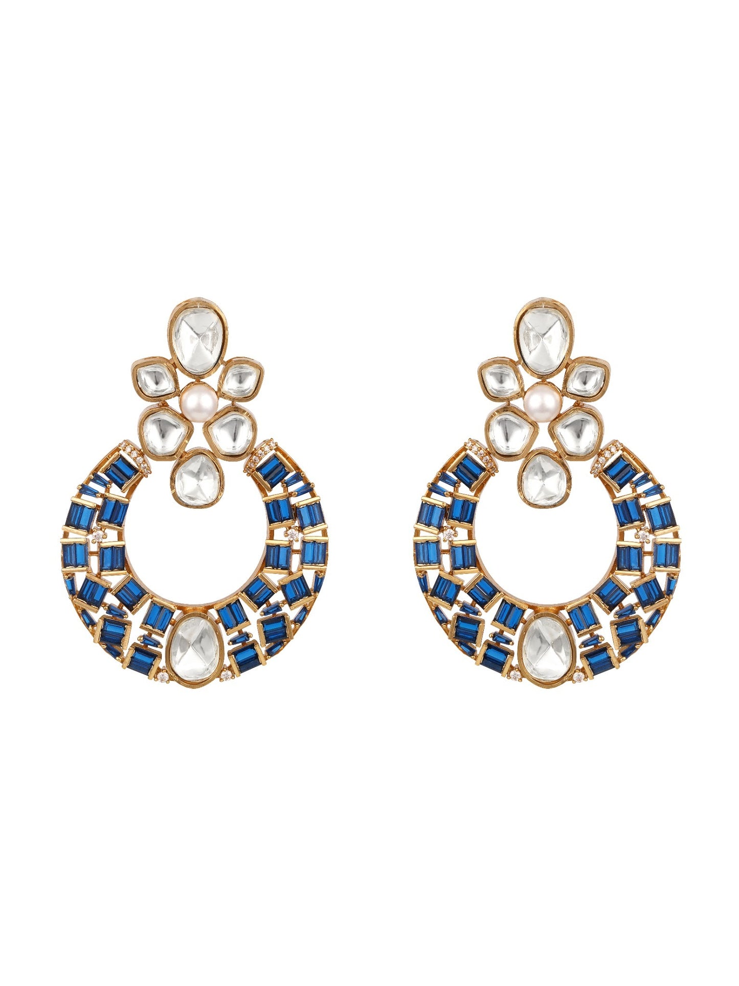 Blue & Gold Kundan Polki Chaandbali Earrings