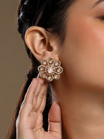 Stud Earring designed in gold polished brass with Kundan Polki, CZ Diamonds & Rose Quartz