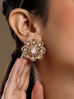 Stud Earring designed in gold polished brass with Kundan Polki, CZ Diamonds & Rose Quartz