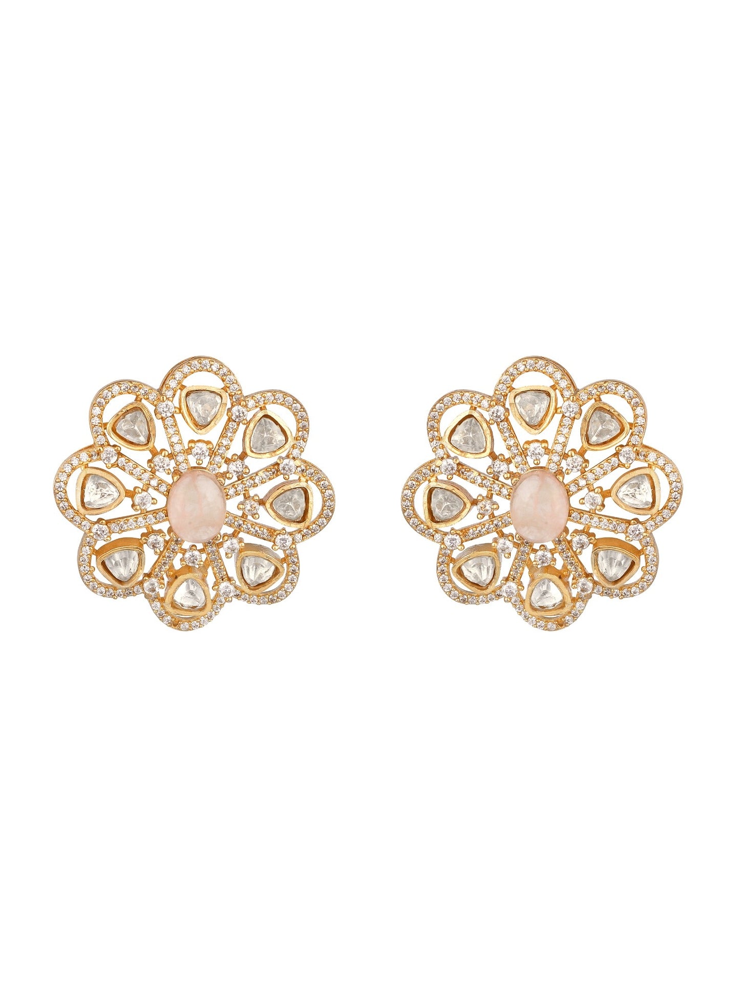 Stud Earring designed in gold polished brass with Kundan Polki, CZ Diamonds & Rose Quartz