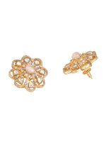 Stud Earring designed in gold polished brass with Kundan Polki, CZ Diamonds & Rose Quartz
