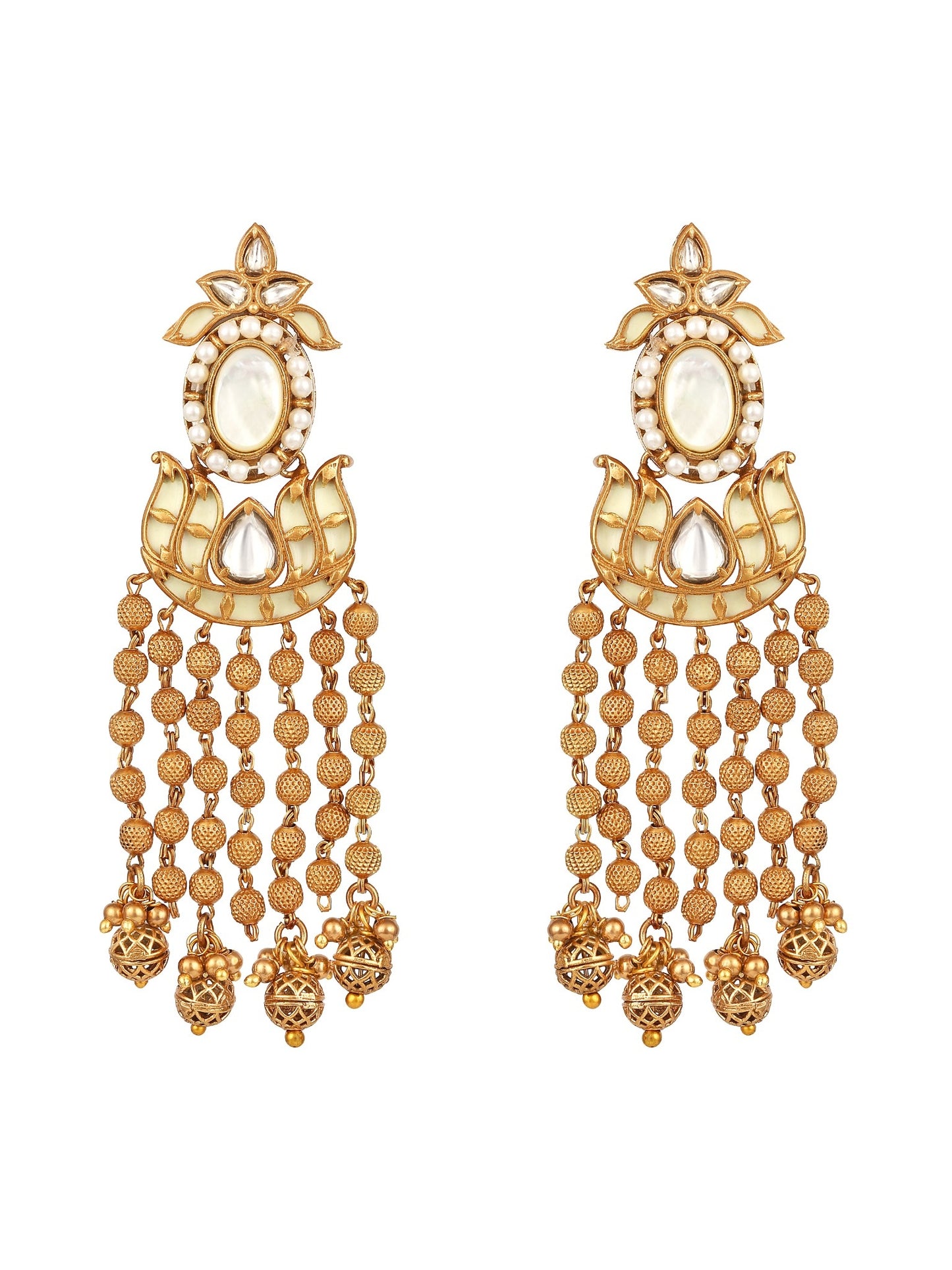 Dangler Earring in gold polished brass with Kundan Polki, Pearls, Mother of Pearl & Enamel