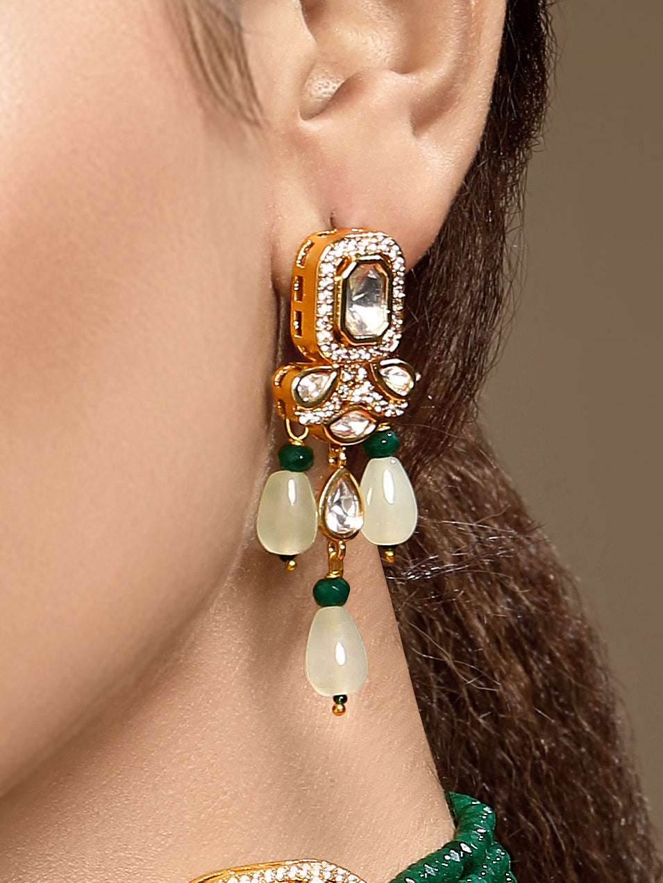 Danglers in gold tone brass with Agate, Moissanite Kundan Polki, Cubic Zirconia, Onyx Tumbles