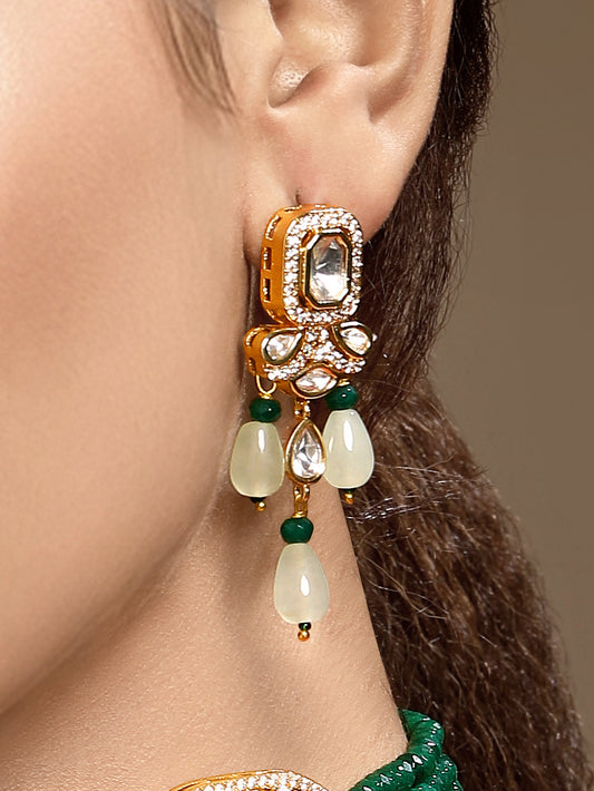 Danglers in gold tone brass with Agate, Moissanite Kundan Polki, Cubic Zirconia, Onyx Tumbles