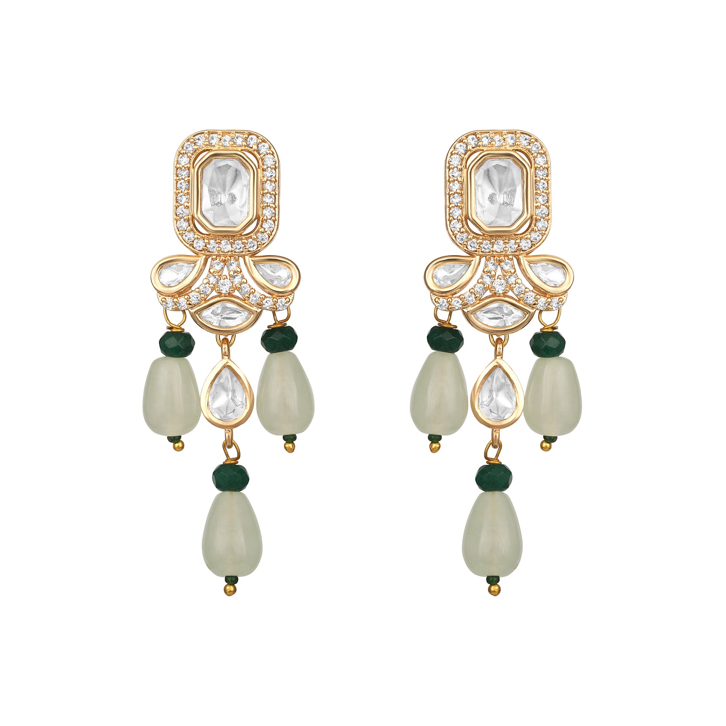 Danglers in gold tone brass with Agate, Moissanite Kundan Polki, Cubic Zirconia, Onyx Tumbles