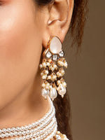 Danglers in gold tone brass with Shell Pearl, Mother Of Pearl, Moissanite Kundan Polki