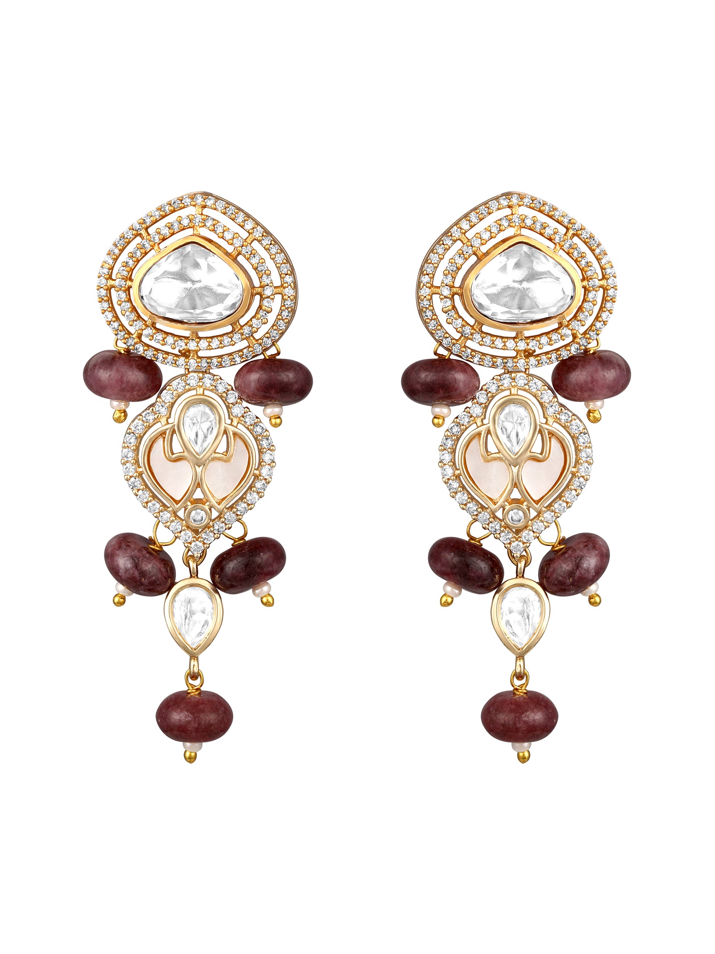 Danglers in gold tone brass with Jasper, Mother Of Pearl, Moissanite Kundan Polki, Cubic Zirconia