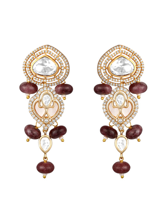 Danglers in gold tone brass with Jasper, Mother Of Pearl, Moissanite Kundan Polki, Cubic Zirconia