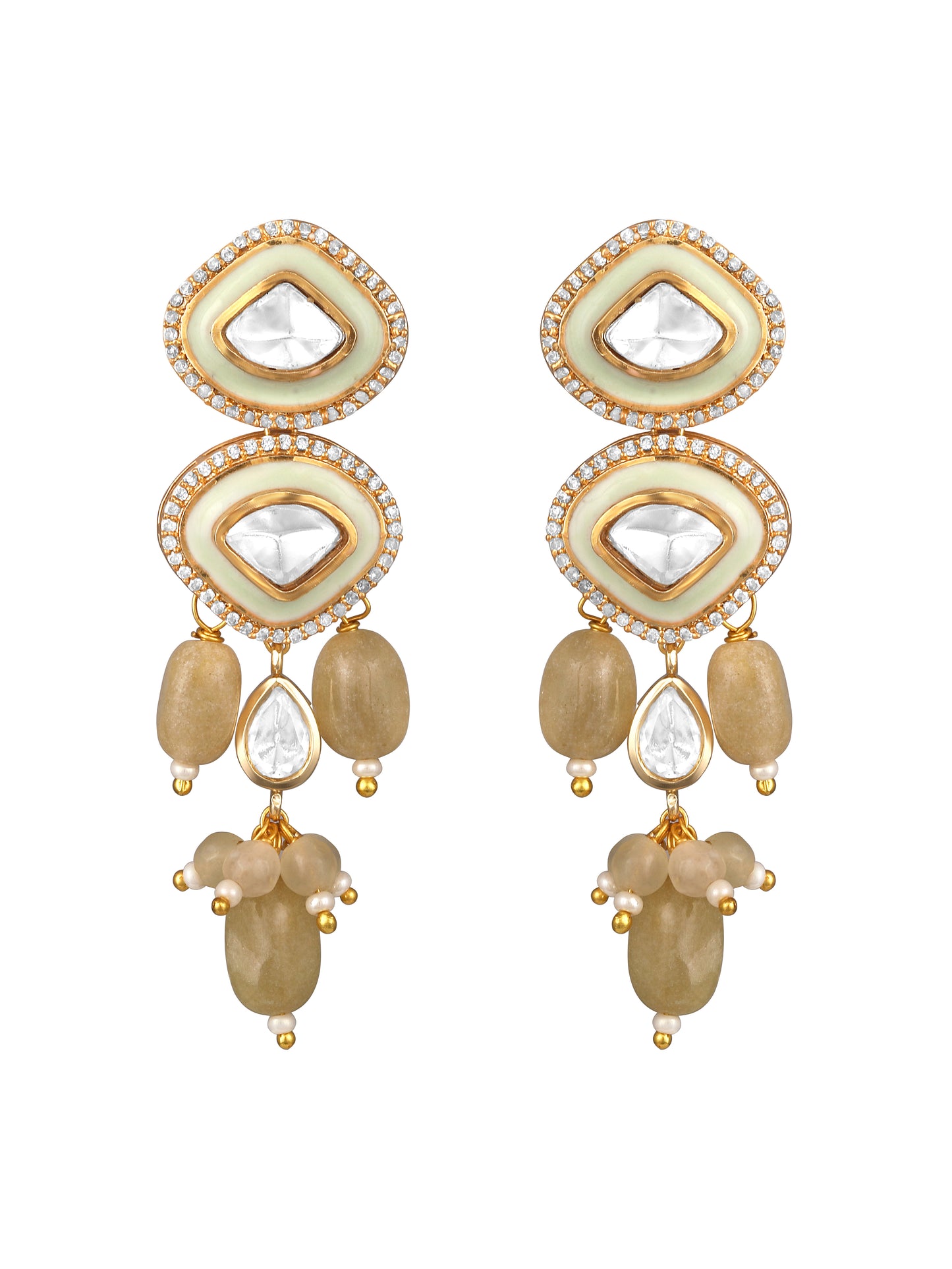 Danglers in gold tone brass with Agate, Tumbles, Enamel, Moissanite Kundan Polki, Cubic Zirconia