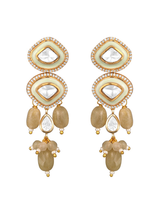 Danglers in gold tone brass with Agate, Tumbles, Enamel, Moissanite Kundan Polki, Cubic Zirconia