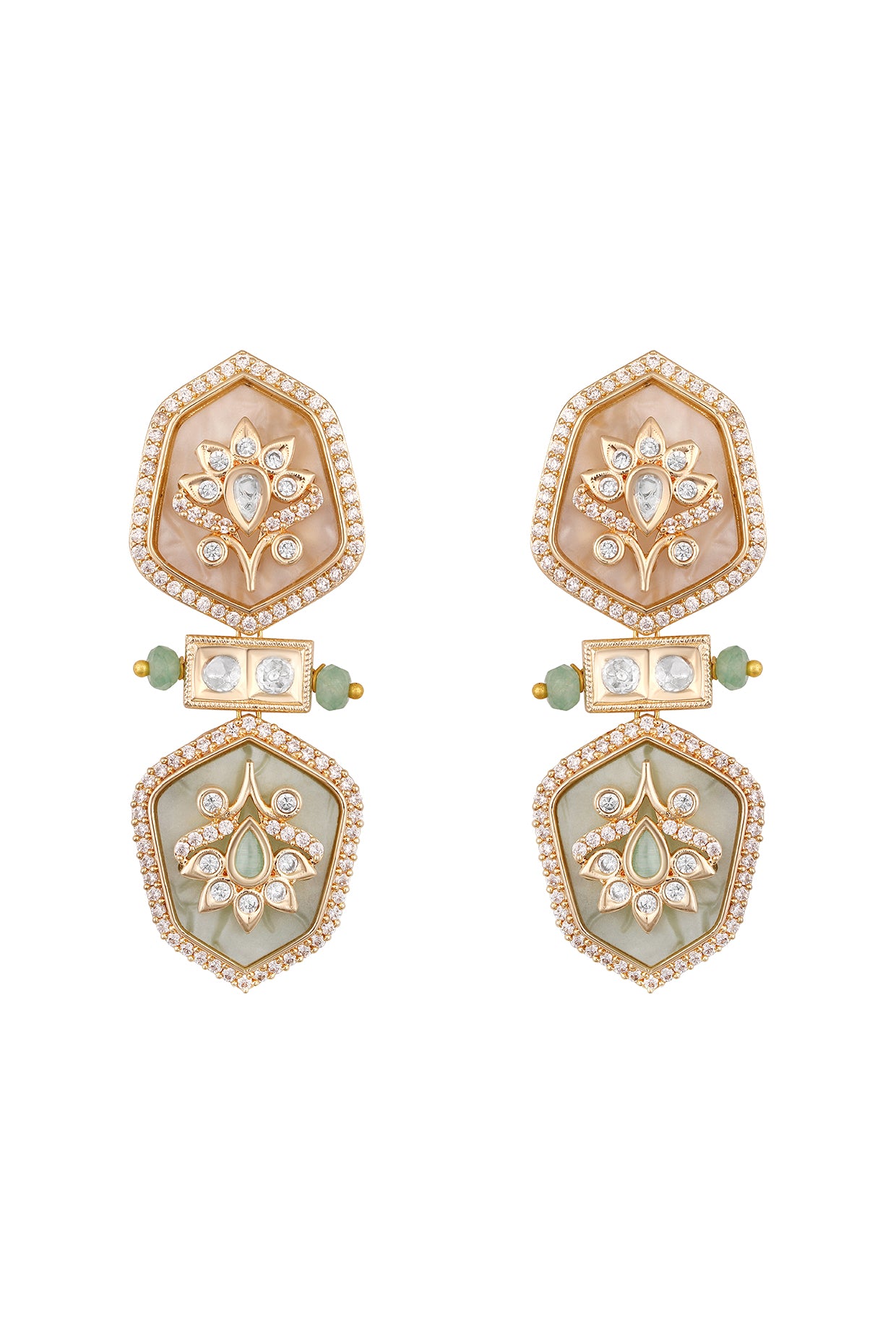Danglers in gold tone brass with Kundan Polki, Zircone Diamond, Ename Stonel, Agates Have Been Used