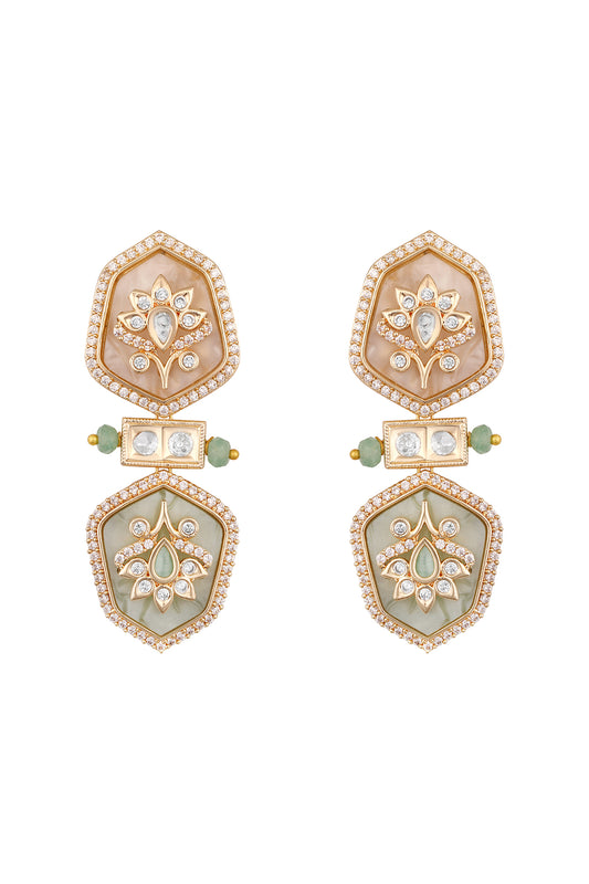 Danglers in gold tone brass with Kundan Polki, Zircone Diamond, Ename Stonel, Agates Have Been Used