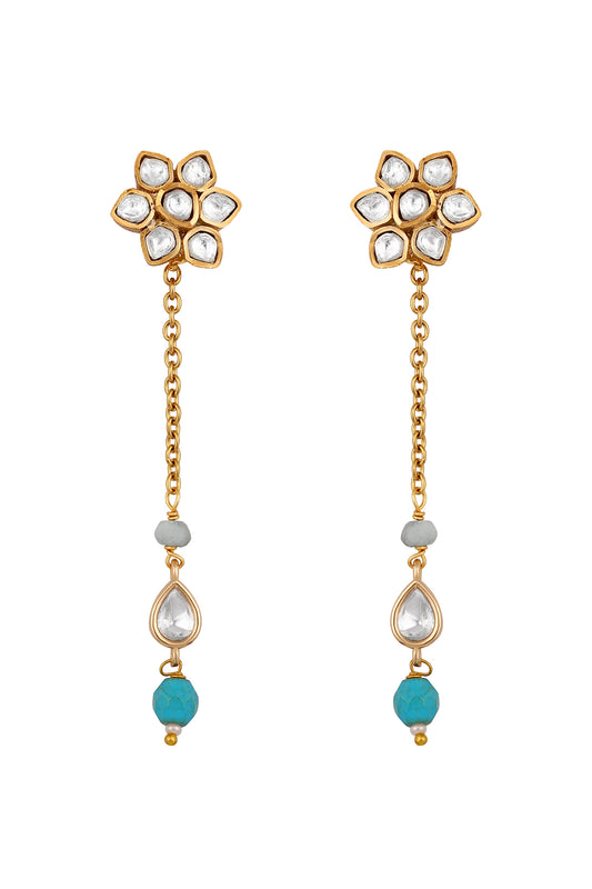 Dangler in gold tone brass with Agate, Kundan Polki